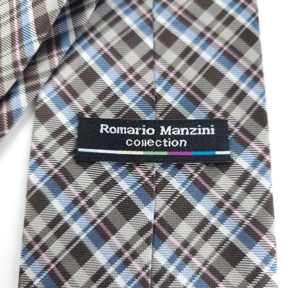 Romario Manzini Collection Men Necktie Tartan Brown Beige Blue 58x3.5 - NWOT - Picture 3 of 6